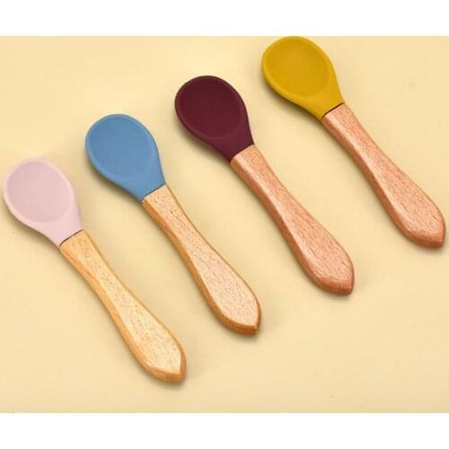 Baby Feeding Wooden Handle Silicone Spoon Baby Eat Food Kids Training Manipulative Ability Childrens Food Grade Tableware