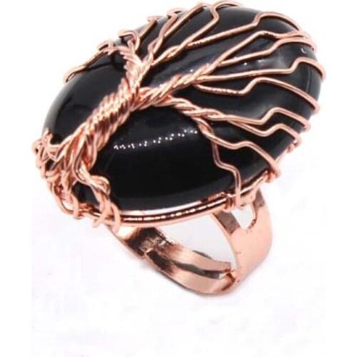 Kraft-beads Rose Gold Color Wire Wrap Oval Shape Tiger Eye Stone Resizable Finger Ring Oplite Opal Jewelry