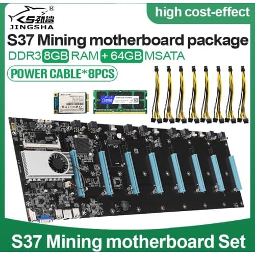 Mining Motherboard Kit with 8 GPU (65mm Interval) and CPU DDR3 Memory with 8GB DDR3 1600MHz RAM 64GB mSATA SSD 8*Power Cable