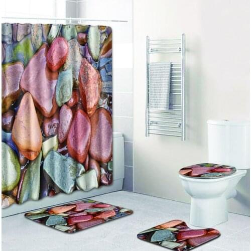 Stone Printed Bath Mat and Waterproof Shower Curtain Set Bathroom Carpet Rug Anti Slip Toilet Seat Cover Mat Bath Floor Mat Set