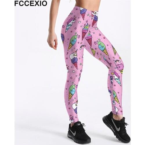 FCCEXIO New Workout Leggings High Waist Fitness Legging Pink Ice cream Unicorn Print Leggins Female Leg Pants Large Size Legging