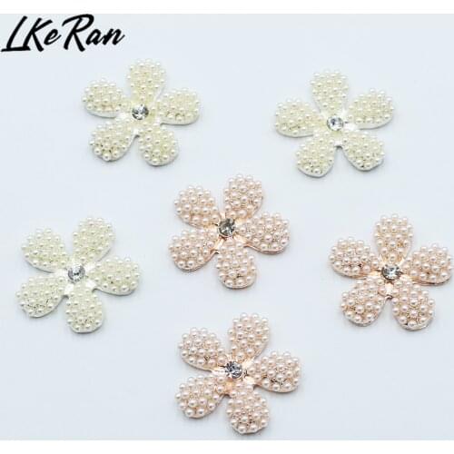 LKERAN 5Pcs 26MM Ivory Faux Pearl Flower Buttons For Rhinestone Embellishment Metal Decoration Diy Handmade Jewelry Accrssories