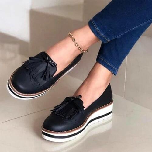 Women Tassel Bowtie Loafers Woman Slip On Sneakers Ladies Soft PU Leather Sewing Flat Platform Female Shoes All Seasons