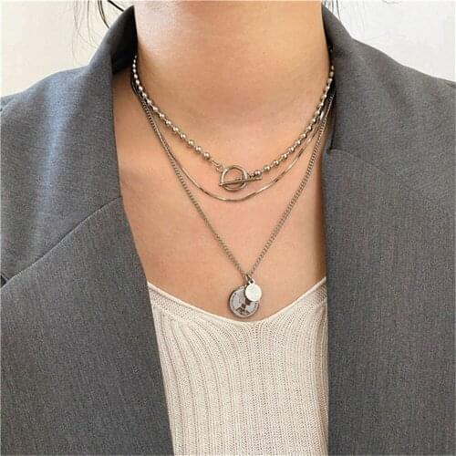 Fashion Multilevel Silver Color Bead Chain Necklace For Women 2021 Female Human Head Coin Pendant Vintage Boho Collar Jewelry
