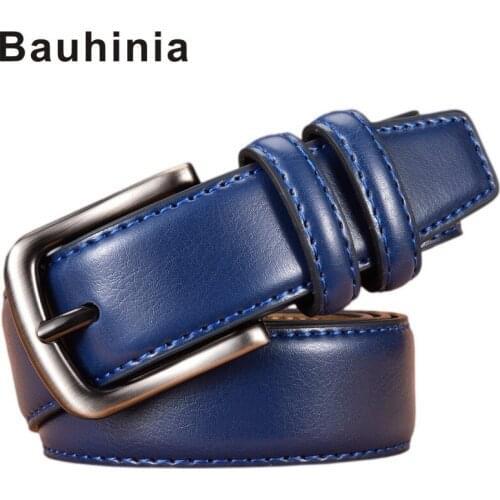Bauhinia brand new mens leather 105-125CM casual pin buckle belt casual fashion neutral blue belt for men