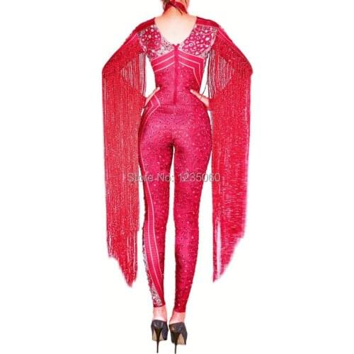 Silver Red Rhinestones Fringe Jumpsuit Birthday Celebrate Outfit Bar Dance Leggings Women Singer Dancer Outfit