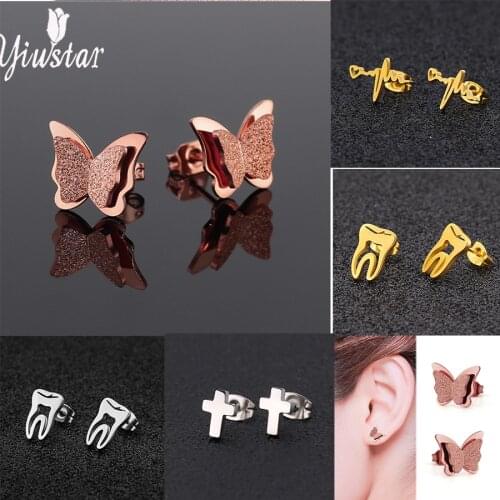 Yiustar Stainless Steel Earrings Butterfly Knot Tooth Shape Love Heart Cross Earrings More Stud Earrings Girls Charming Ear
