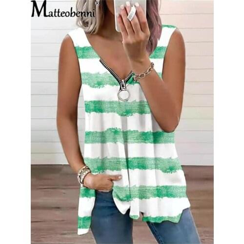 2021 Summer V-Neck Zipper Stripe Printing Sleeveless Tops Women Casual Loose Tank Top Ladies T-Shirt Plus Size Sexy Vest Top