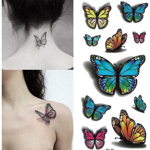 3D Butterfly Flower Rose Temporary Tattoo Waterproof and Environmental Arm Clavicle Body Art Fake Tattoo Butterfly Stickers