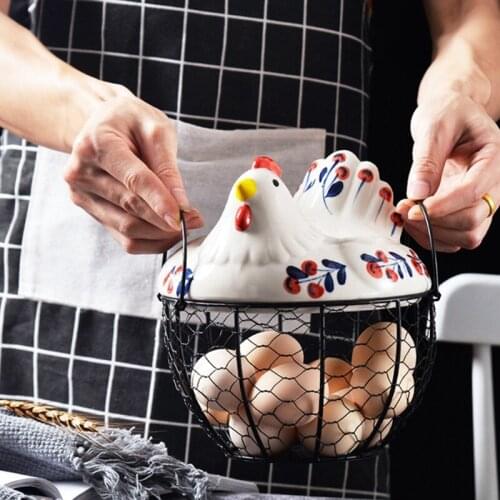 Iron Egg Storage Basket Snack Fruit Basket Creative Collection Ceramic Hen Ornaments Decoration Kitchen Accessories