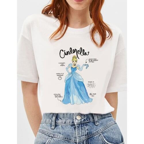 T Shirt For Women Summer Short Sleeve Causal White O-neck Tshirts Cinderella Disney Princess Printed Harajuku T-shirts Women Top
