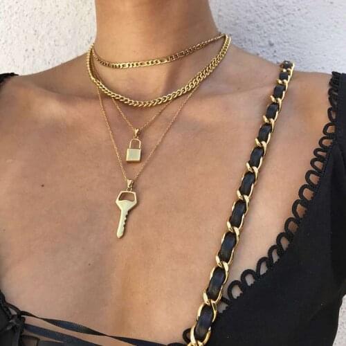 Choker Necklaces Fashion Jewelry Necklace For Women Miami Kpop Key Lock Type Pendant Thin Flat Chain Multilayer Metal