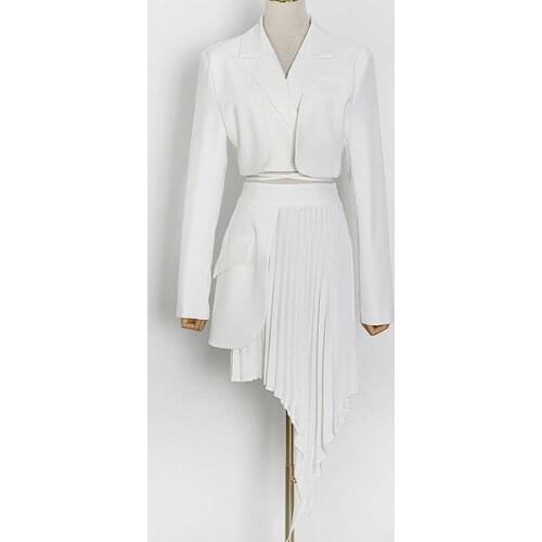 SeeBeautiful Two Pieces Thin Lace Up Notched Long Sleeve Blazer Irregular Half-body Skirt Set Woman Summer 2021 New Fashion E612