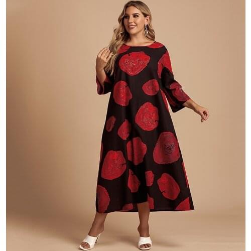 Women Dress Three Quarter Sleeve Summer Casual Retro Tree Ring Print XL To 4XL Plus Size Dresses for Women T8080