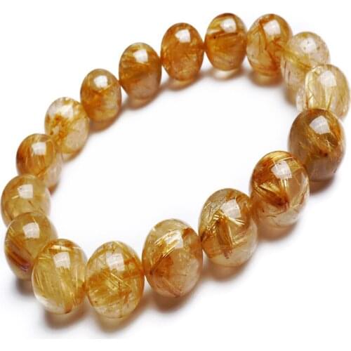 11mm Fashion Jewelry Genuine Brazil Natural Titanium Rutilated Quartz Gold Round Crystal Stone Bead Womens Stretch Bracelet