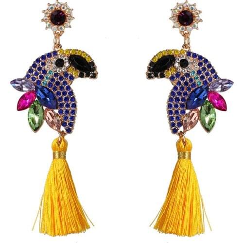 2020 Luxury Rhinestone Parrot Earring Women Fashion Long Tassel Earrings Jewelry Female Cute Animal Bird Large ZA Earrings Girls