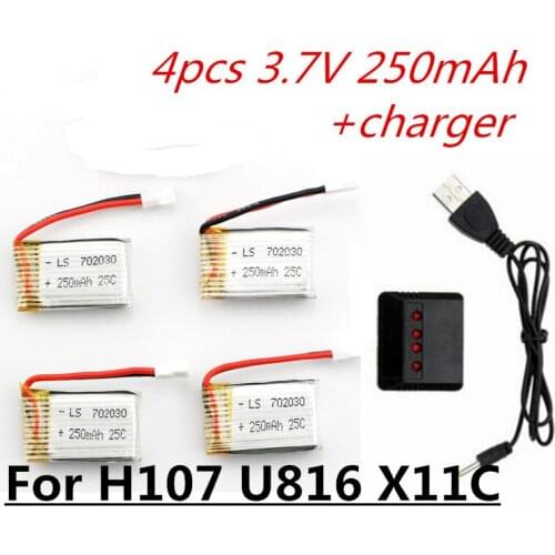 4pcs 3.7V 250mAh LiPo Battery and charger For Hubsan H107 H107C H107L H107D Syma X11C JD385 H108C U816 WLtoys v966 Helicopter