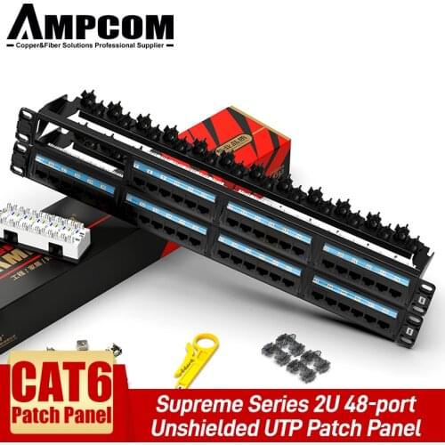 AMPCOM CAT5e CAT6 24/48 Ports Patch Panel, Rack Mount - 1U, 2U, 19 inch, 50u Gold Plated, with Rear Cable Management Bar