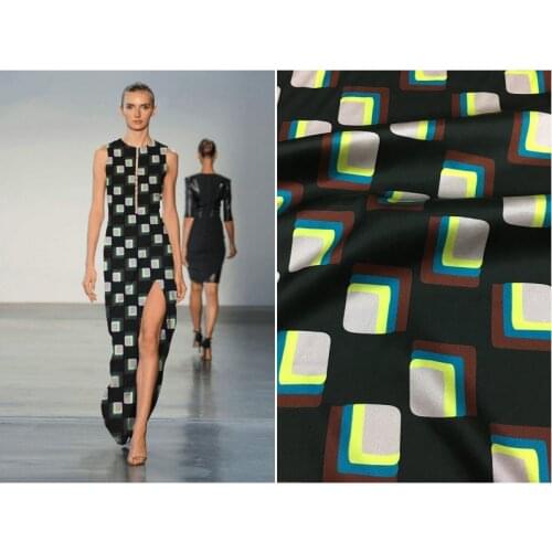 New silk fabrics geometric square printing on black background heavy stretch silk satin garment fabric