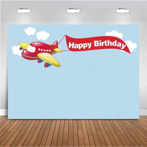 Blue Sky Cartoon Airplane With Happy Birthday Flag Photo Background White Cloud Baby Kids Cake Party Table Decor Backdrop