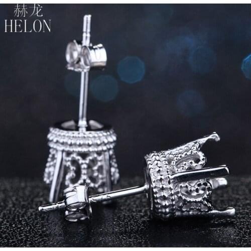 HELON 7mm Round Solid 10K White Gold Solitaire Semi Mount Earrings Vintage Women Fine Jewelry Engagement Wedding Stud Earrings