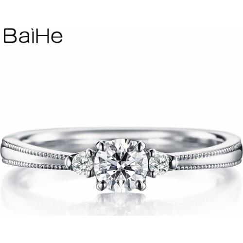 BAIHE Solid 18K White Gold 0.20ct H/SI Round cut Natural Diamond Wedding Women Cute/Romantic Fine Jewelry Diamond Gift Ring
