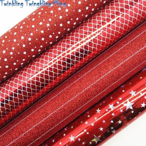 Red Glitter leather, Stars Stripes Printed Glitter Leather, Patent Faux Fabric For Bow A4 21x29CM Twinkling Ming KM168