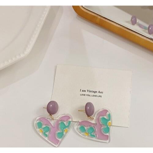 Sweet Transparent Purple Heart Earrings for Women INS Korean Fashion Teen Girl Dating Jewelry 2021 Pendientes Accesorios Mujer