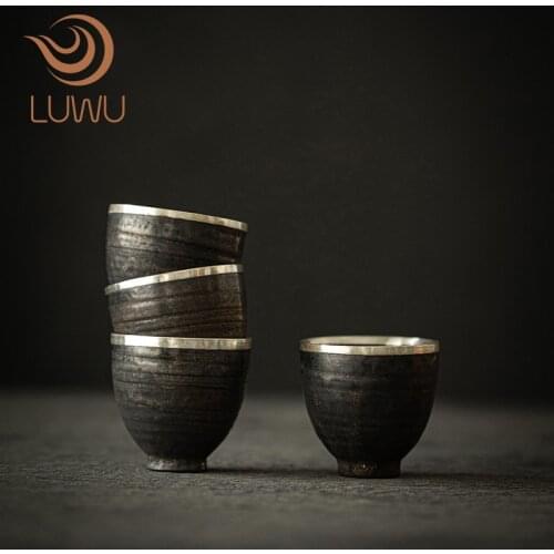 LUWU chinese ceramic tea cup set of 4 cups silver edge porcelain teacups chinese kung fu cup 60ml