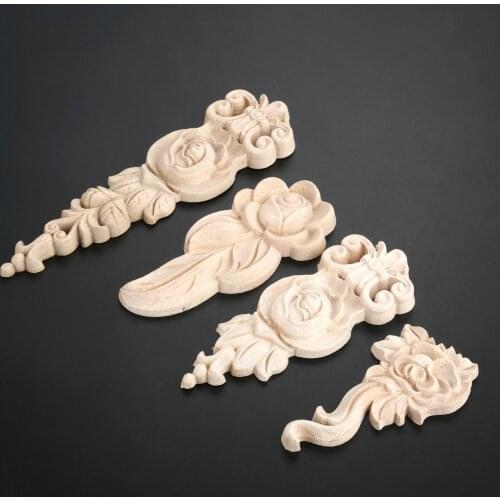 1pc Rose Unpainted Wooden Moulding Corner Decal 10-19cm Woodcarving Natural Wood Appliques Furniture Decor 3D Flower Figurine