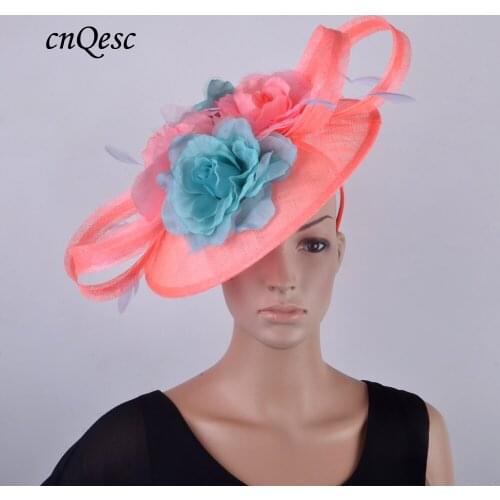 NEW Large sinamay saucer fascinator fedora hat mother of the bride with silk flower,sinamay loops and cocktail feathers.QF300