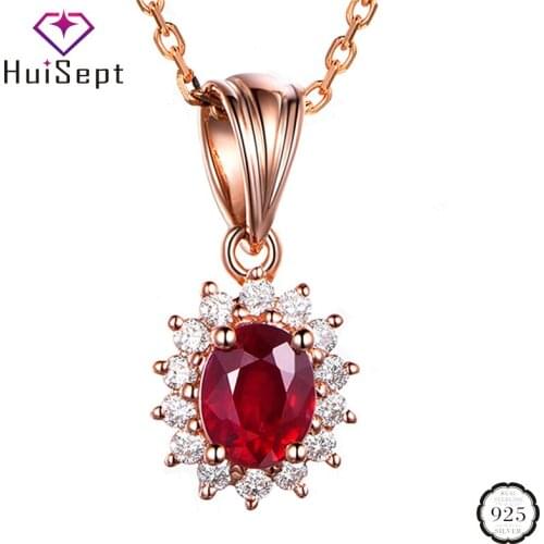 HuiSept Fashion 925 Silver Necklace Jewelry Oval Ruby Sapphire Zircon Gemstone Pendant Accessories for Women Wedding Engagement