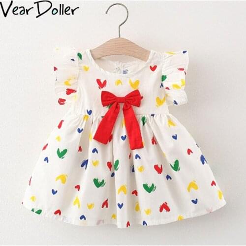 VearDoller Girls Dress Summer Short Sleeve Childrens Clothes Fashion Heart Print Princess Dress Bow Baby Girls Casual Dresses