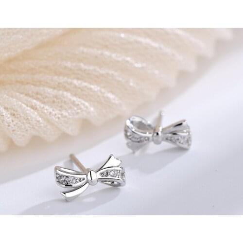 Korean Earrings 925 Sterling Silver Bowknot Bling Zircon Stone Stud Earrings for Women Fashion Earring Sterling-Silver-Jewelry