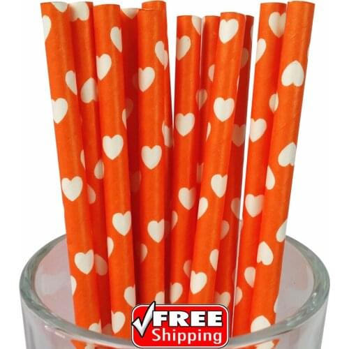 200pcs White Hearts Orange Paper Straws-Orange and White Drinking Paper Straws-Custom Decorative Craft Party Mason Jar Straws