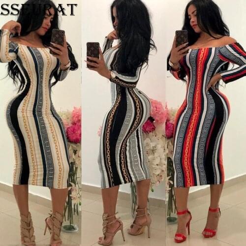 SSEURAT Women New Autumn Midi Dress Sexy Fashion Slash-Neck Full Sleeve Striped Print Night Club Party Dresses