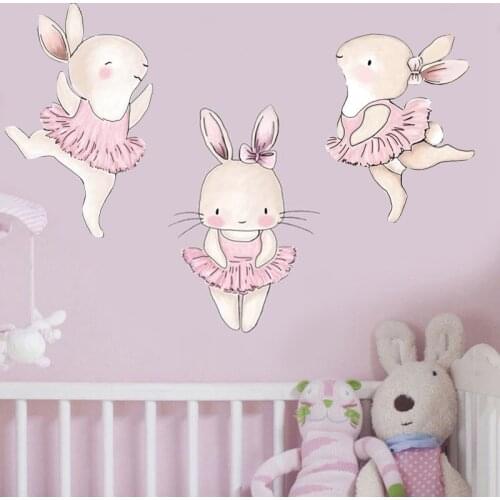 Dancing Rabbits Cartoon Wall Stickers for Girls Room Baby Kids Room Decor Wallpaper Wall Decor Vinyl Art Wall Decals Home Decor
