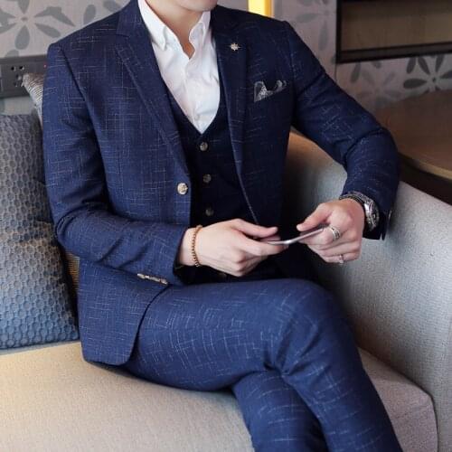 TIAN QIONG Mens Plaid Slim Fit Wedding Suits for Men Brand Business Formal Suit Black,Gray,Navy,wine Red(Blazers+Vest+Pants)