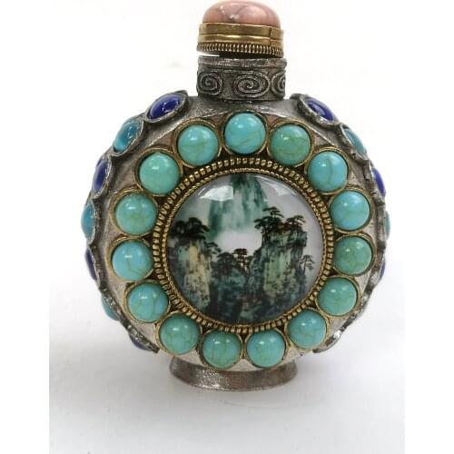 YIZHU CULTUER ART Collection Old Chinese Tibet Silver Hand Inlay Jewelry Painting Landscape Snuff Bottle Decoration Gift