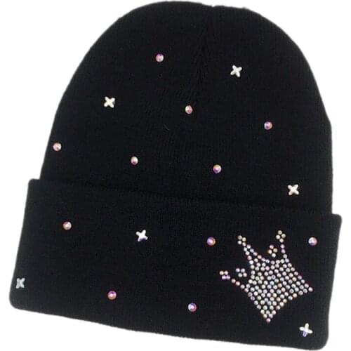 Women Winter Knit Black Cuffed Beanie Hat Glitter Hot Drilling Rhinestone Jewelry Harajuku Hip Hop Skull Cap Clubwear