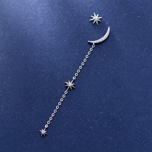 MloveAcc 100% 925 Sterling Silver Asymmetric Moon Star Dazzling CZ Chain Stud Earrings for Women Silver 925 Jewelry Gift