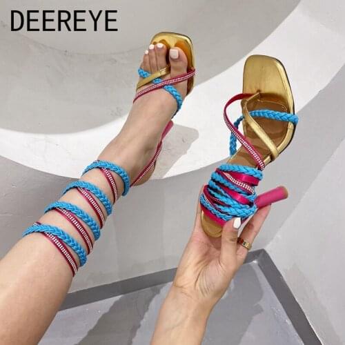 Fashion Woven Rhinestones Lace Up Straps Roman Womens High Heel Mixed Color Block Sandals Peep Toe Summer Flip Flops Shoes 2021