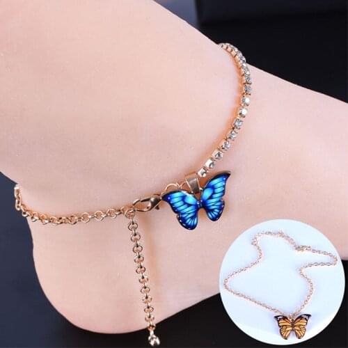 Simple Rhinestone Chain Butterfly Charm Anklet For Women Gold Color Butterfly Pendant Anklet Bohemian Beach Foot Chain Bracelet