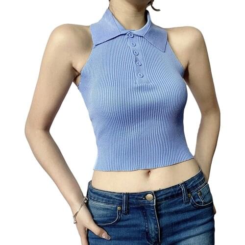 Women’s Sexy Buttons Lapel Halter Vest Fashion Solid Color Backless Exposed Navel Camisole