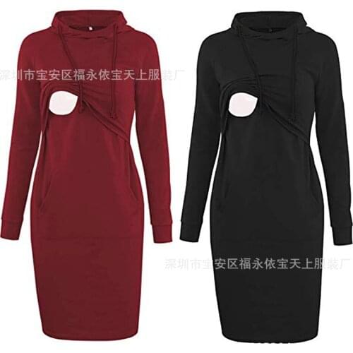 Women Sweater Breastfeeding Dress Long Sleeve Pregnant Dress Autumn Maternity Dresses Solid Color Hooded Lace Pregnant
