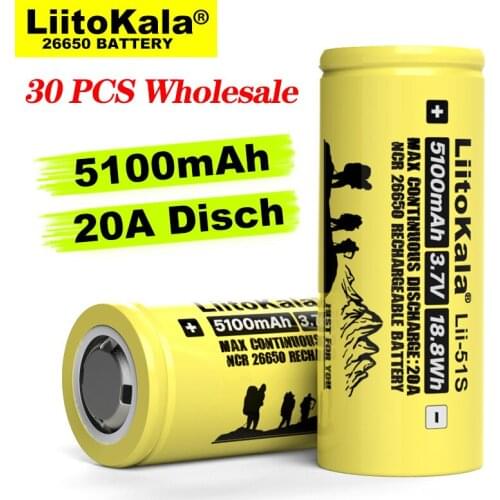 30PCS Wholesale Liitokala LII-51S 26650 20A power rechargeable lithium battery 26650A 3.7V 5100mA Suitable for flashlight