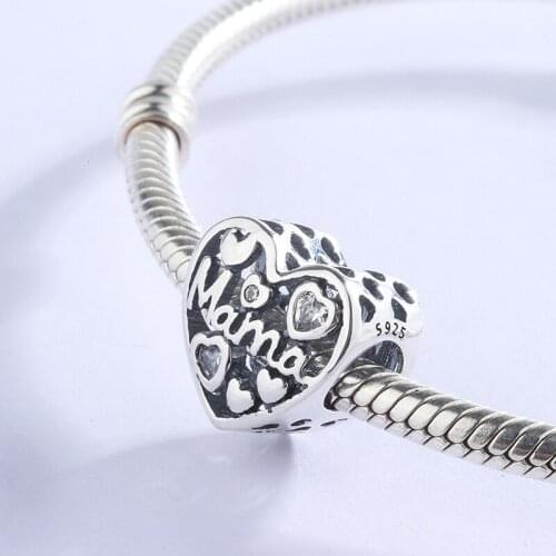 925 Silver Heart Shape Hollow CZ White Zircon Mama Pendant Charm Bracelet DIY Jewelry Making For Original Pandora Accessories