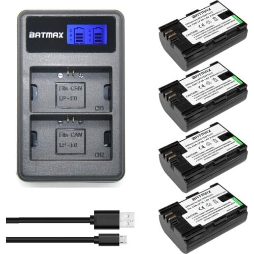 4Pcs High-Capacity LP-E6 LP E6 lpe6 Battery akku +LCD Dual Charger for Canon EOS 5D 5D2 5DS R Mark II 2 III 6D 60D 60Da 7D 7D