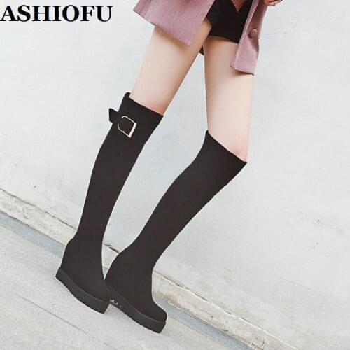 ASHIOFU New Handmade Ladies Wedges Heels Boots Buckle-deco Party Prom Knee-high Boots Winter Evening Fashion Club Long Boots