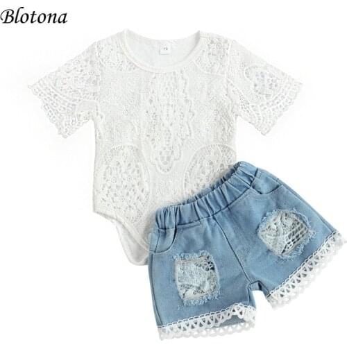 Blotona 2Pcs Baby Girls Outfit Summer Breathable Round Collar Short Sleeve Hollow Lace Romper+Ripped Denim Shorts Set 0-24Months